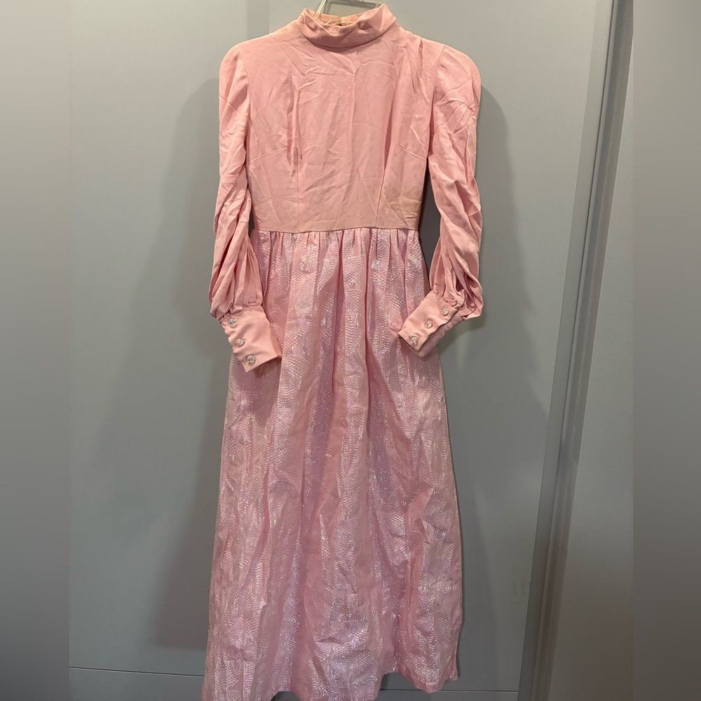 Vintage Handmade Pink Shimmer Maxi Dress Puff Sleeve Pearl Button Cuffs